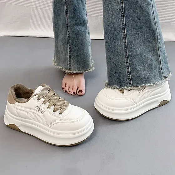 Zapatillas Blancas Mujer Con Suela Gruesa De Felpa